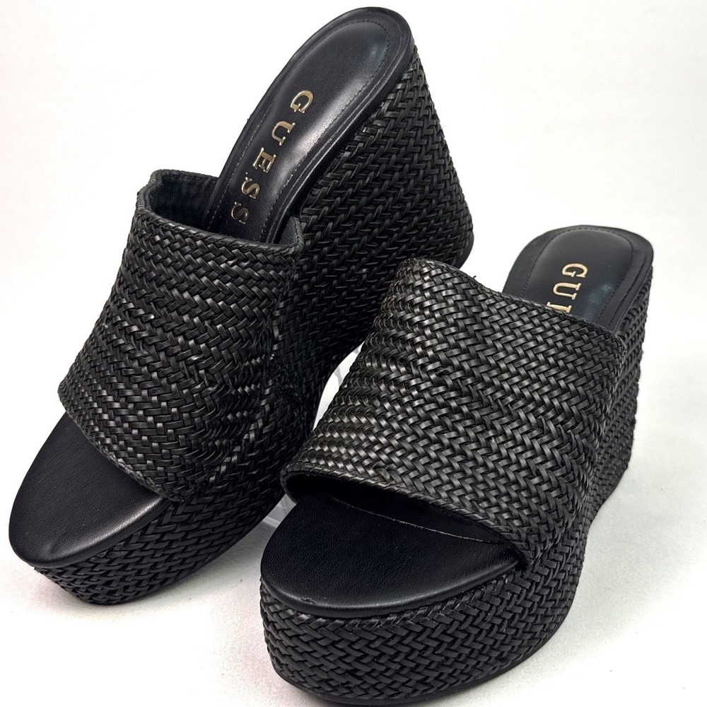GUESS Black Woven Platform Wedge Sandals Mules 9.5 M Open Toe Slip On